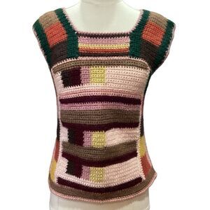 Handmade Knit Crochet Sleeveless Sweater Small Colorblock